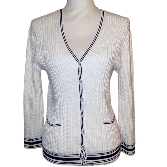 Lauren Ralph Lauren Sweaters - LAUREN RALPH LAUREN Cable Knit Cardigan-Vintage-Green Label-White/Black Size Med